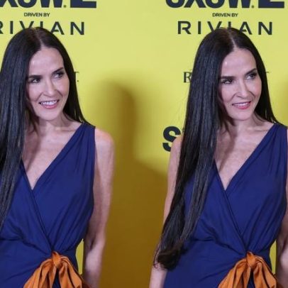 Demi Moore participa do SXSW com vestido de fenda alta preso por laço