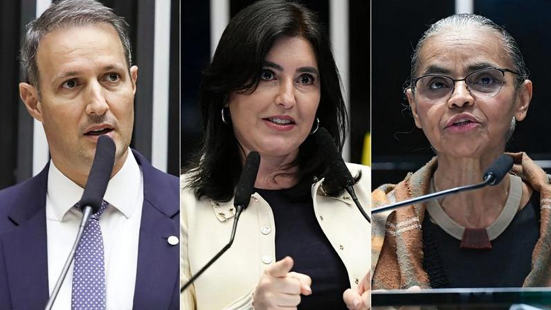 Na imagem, da esquerda para a direita: Guilherme Derrite, Simone Tebet e Marina Silva