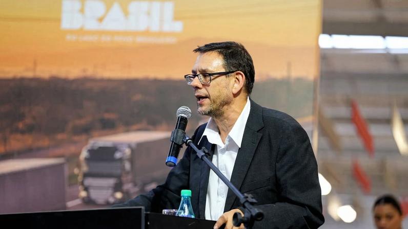 O CEO da VLI, Fábio Marchiori, em evento na fábrica da Wabtec Corporation, em Contagem, na Grande BH.