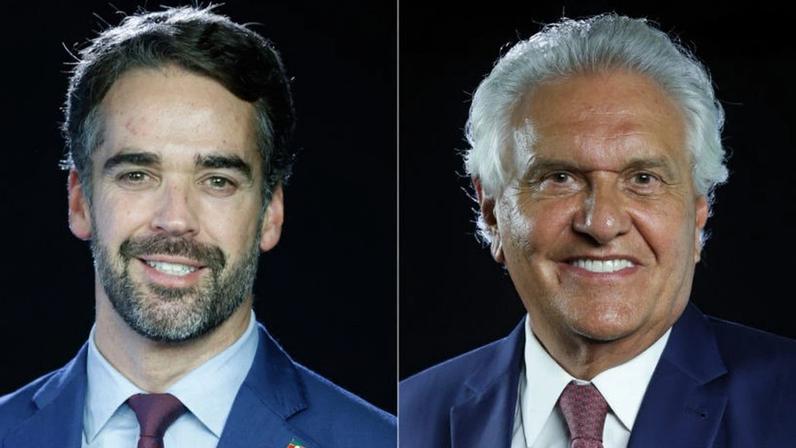 Nas imagens acima, Leite e Caiado no estúdio do Poder360, em Brasília