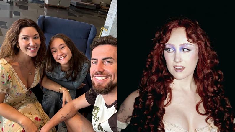 Catherine Harding, a filha Ava Law e o jogador Jorginho (à esq.) e Chappell Roan (à dir.)