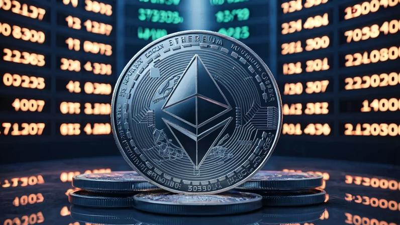 moeda prateada de ethereum à frente de painel de preço