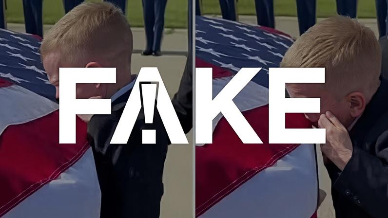 É #FAKE vídeo de menino chorando diante de caixão de soldado americano morto no Irã; cena foi criada com inteligência artificial — Foto: Reprodução