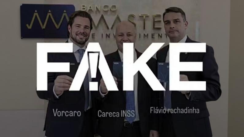 É #FAKE foto de Vorcaro ao lado de Flávio Bolsonaro e 'Careca do INSS'; imagem foi criada com IA — Foto: Reprodução