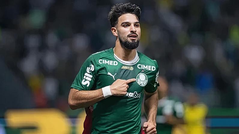 Flaco López celebra gol pelo Palmeiras em partida contra o Mirassol, na sexta rodada do Brasileirão.