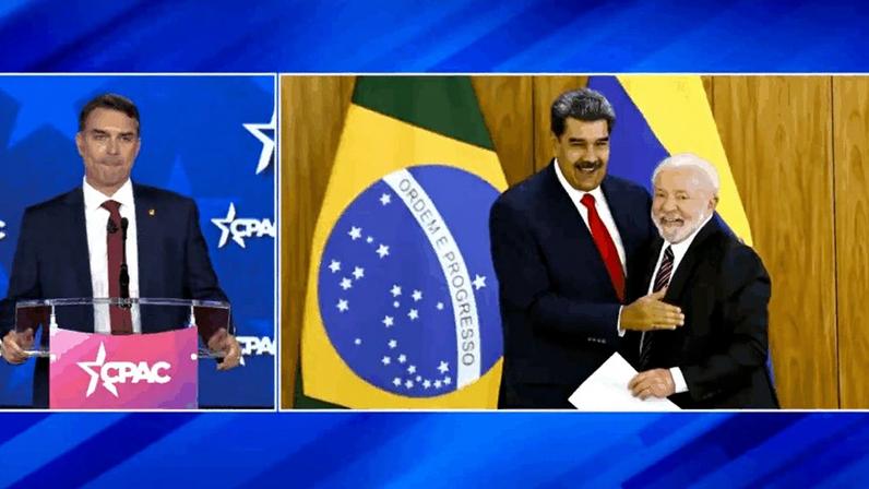 Flávio exibe foto de Maduro abraçado a Lula em evento nos EUA