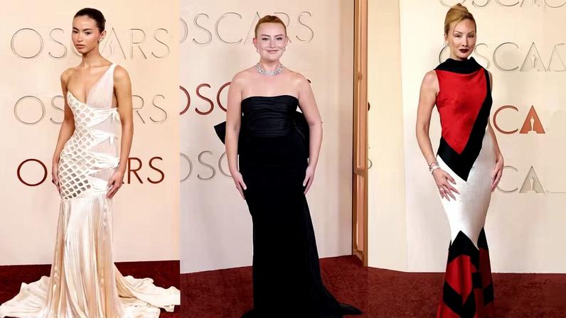 Beca Michie, Amelia Dimoldenberg e Miyako Bellizzi usaram looks vintage no Oscar 2026 — Foto: Getty