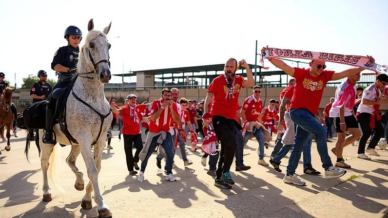 Torcida do Sevilla caminha em direção a La Cartuja para clássico contra o Betis em LaLiga — Foto: Fran Santiago/Getty Images