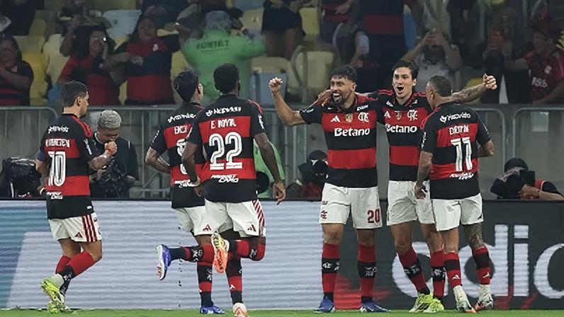 Jogadores do Flamengo comemoram com Pedro o gol sobre o Cruzeiro