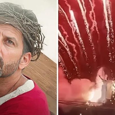 Figurino de Henri Castelli pega fogo durante A Paixão de Cristo