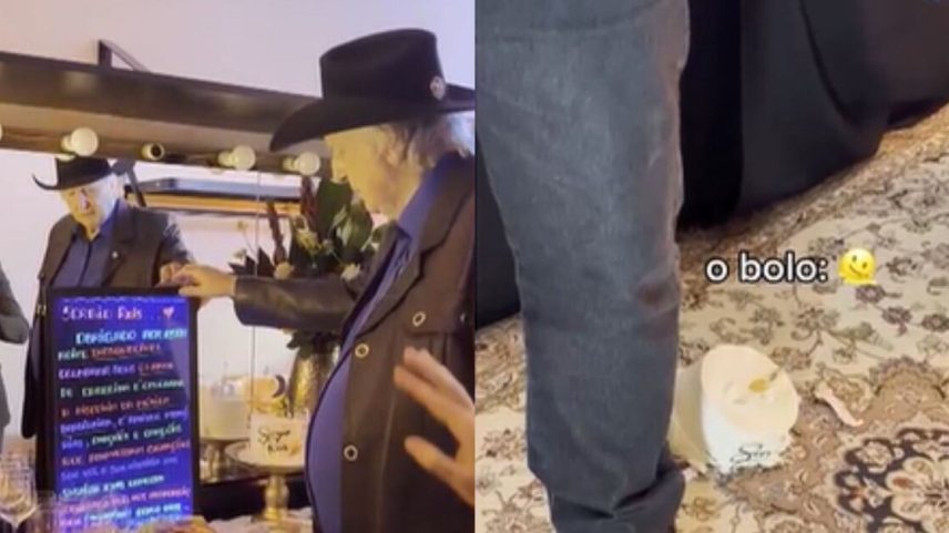 Sérgio Reis derruba bolo durante comemoração de 67 anos de carreira