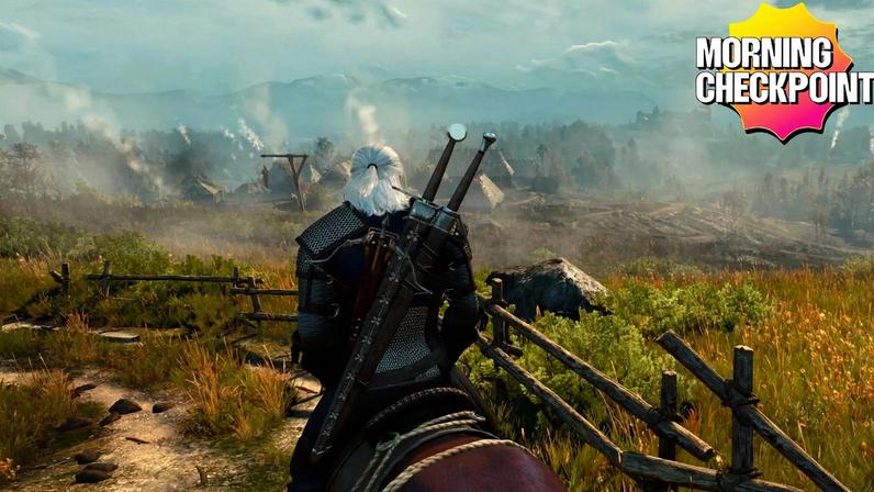 Geralt rides on his horse toward a village.