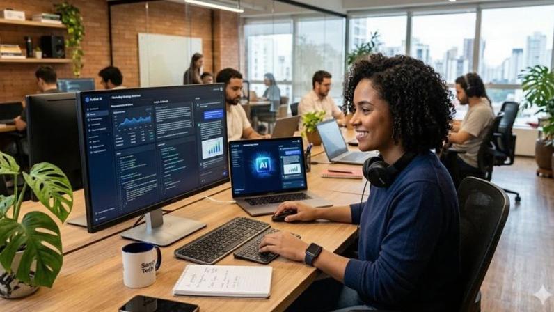 Imagem criada com ajuda de IA mostra uma mulher trabalhando e fazendo uso de inteligência artificial