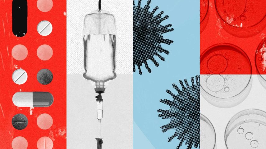 Ilustração de oncologia com comprimidos, cápsula, soro intravenoso, células tumorais e placas de cultura em laboratório.