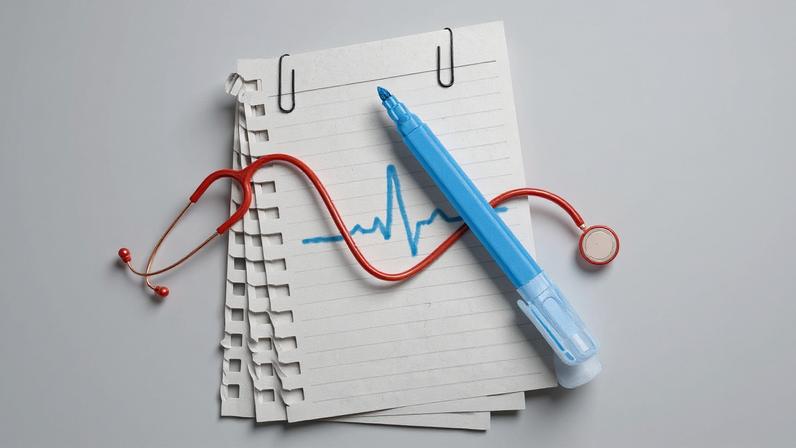 Ilustração sobre fundo quadriculado com bloco de notas, caneta azul, estetoscópio vermelho e o desenho de um batimento cardíaco.