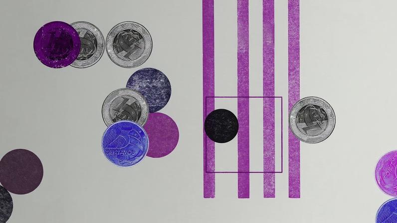 Arte abstrata: Moedas do Real coloridas, círculos e listras em tons de roxo/magenta, com quadrado, em fundo claro.