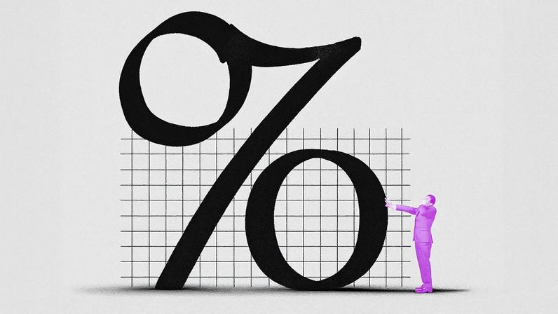 Figura estilizada em roxo interage com um grande símbolo de porcentagem em um fundo quadriculado, sugerindo um conceito financeiro.
