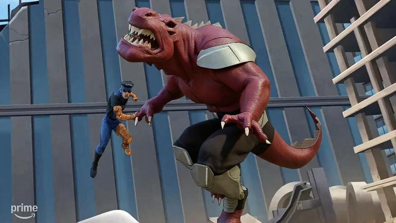 Arte do combate entre Invencível e Dinosaurus na quarta temporada