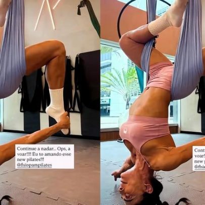 Juliana Paes testa pilates aéreo e faz pose invertida
