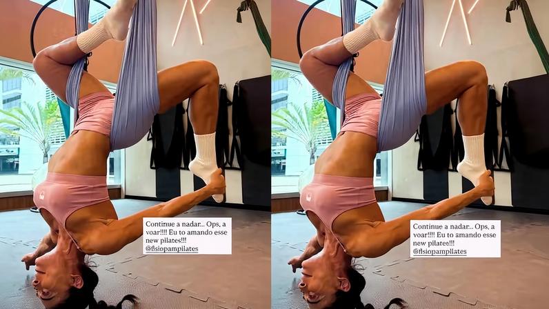 Juliana Paes testa pilates aéreo e faz pose invertida