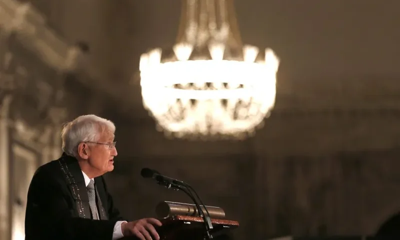 German philosopher Jürgen Habermas delivers a speech after being awarded the Erasmus Prize at the Royal Palace in Amsterdam on Nov. 6, 2013.