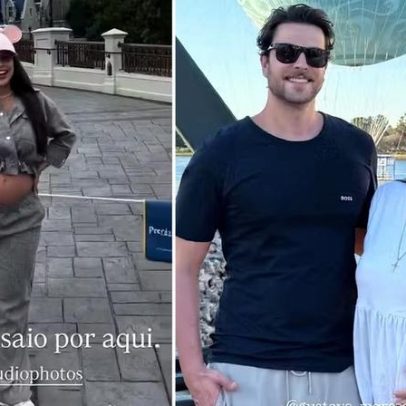 Laís Caldas, grávida, visita Disney com Gustavo Marsengo