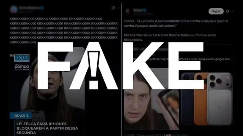 É #FAKE que 'Lei Felca' causará bloqueio de iPhones — Foto: Reprodução X e Arte 'O Globo'