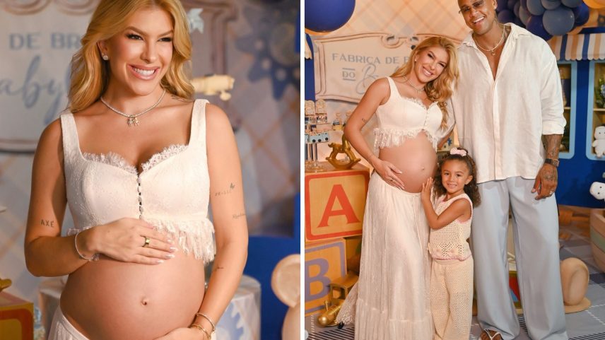 Lore Improta e Léo Santana revelaram o nome do segundo filho, durante o chá de bebê. A filha Liz, de 4 anos, também esteve presente — Foto: Reprodução/redes sociais