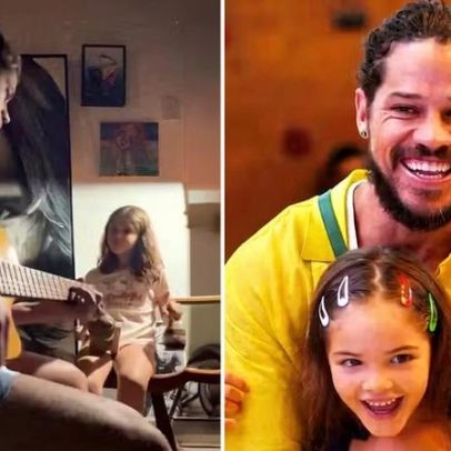 José Loreto toca e canta com a filha de 7 anos, que participa da percussão