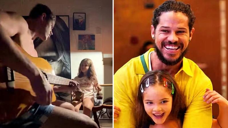 José Loreto toca e canta com a filha de 7 anos, que participa da percussão