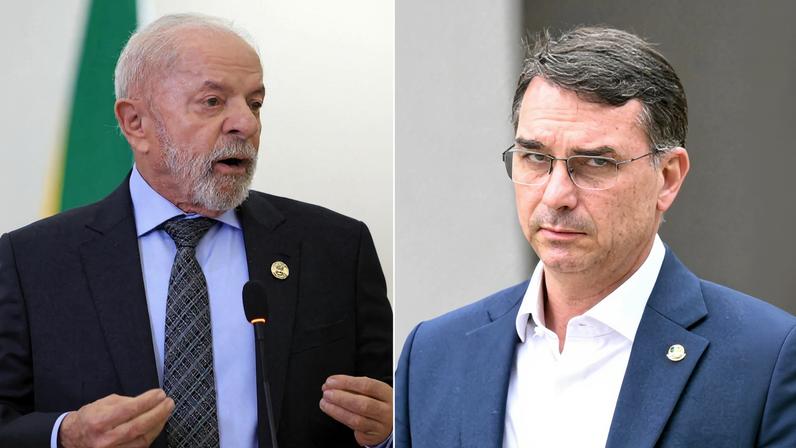 Presidente Luiz Inácio Lula da Silva (PT) à esquerda e senador Flávio Bolsonaro (PL), à direita. — Foto: Esa Alexander/Reuters e Evaristo SA/AFP