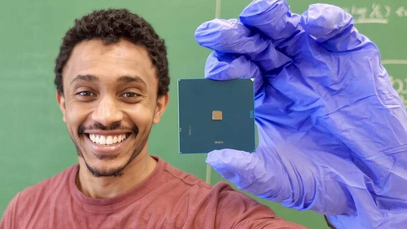 Natnael Kahssay holds a chip he designed in 6.208 (Semiconductor Electronic Circuits). The class includes training in industry-standard design tools and is one of the highlights of the popular new 6-5 major at MIT. “6.208 has a special and intense focus on semiconductor microelectronics,” says Professor Ruonan Han, who teaches the course along with Associate Professor Negar Reiskarimian. “The students not only learn the basic principles in the context of integrated circuit chips, but also have the exposure to much more practical, engineering-oriented topics.”