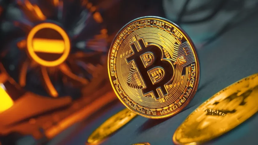moeda de bitcoin e máquina de mineração