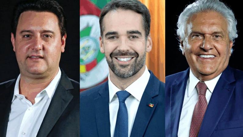 Da esq. para a dir., Ratinho Junior, Eduardo Leite e Ronaldo Caiado participam do “Propostas PSD: modelo para o Brasil”, em São Paulo (SP)