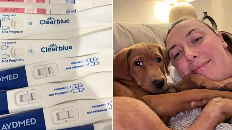 Katy Waddell, de 32 anos, adotou uma filhote após passar por três testes de gravidez negativos — Foto: Reprodução/TikTok