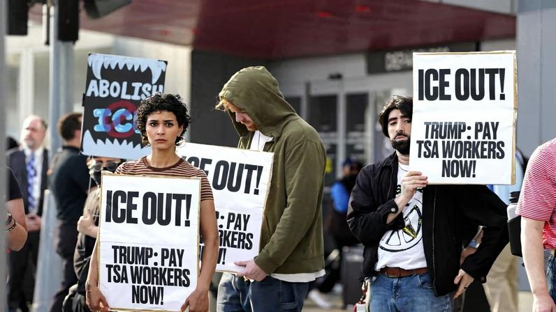 Manifestantes protestam contra o ICE no Aeroporto Internacional Hartsfield-Jackson de Atlanta, em 23 de março de 2026, em Atlanta, Geórgia