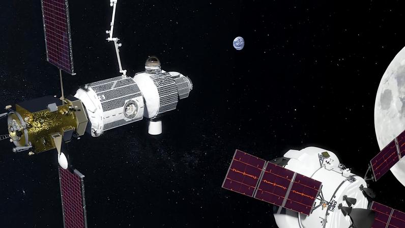 Concepção artística da futura estação espacial tripulada em órbita da lua