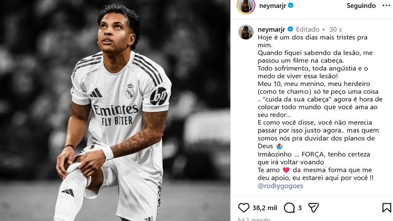 Neymar lamenta lesão de Rodrygo, que o tira da Copa do Mundo — Foto: Reprodução