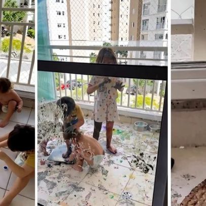 Mãe entrega tela e tinta a filhos; resultado surge em doze segundos