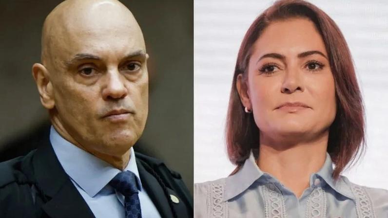 Na imagem, o ministro Alexandre de Moraes (à esq.) e a ex-primeira-dama Michelle Bolsonaro (à dir.)