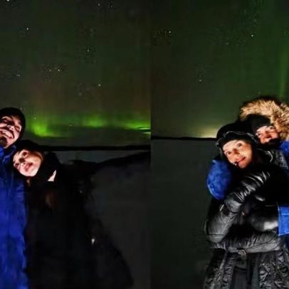 Giovanna Lancellotti posa com Gabriel David sob aurora boreal na Finlândia