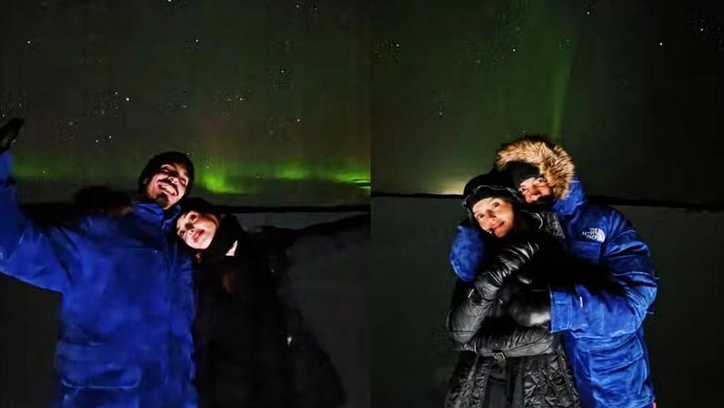 Giovanna Lancellotti posa com Gabriel David sob aurora boreal na Finlândia