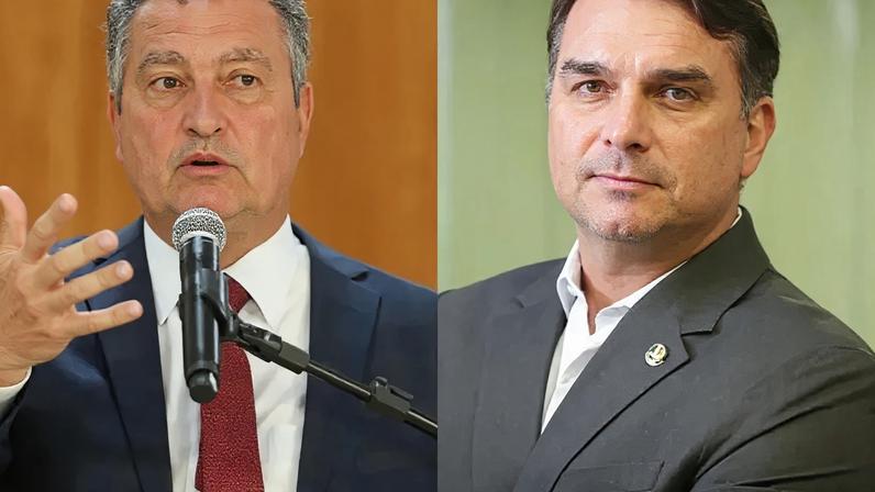 Rui Costa (esq.), ministro da Casa Civil, criticou o senador e pré-candidato à Presidência, Flávio Bolsonaro (dir.) pelas falas favoráveis à política norte-americana em evento no Texas