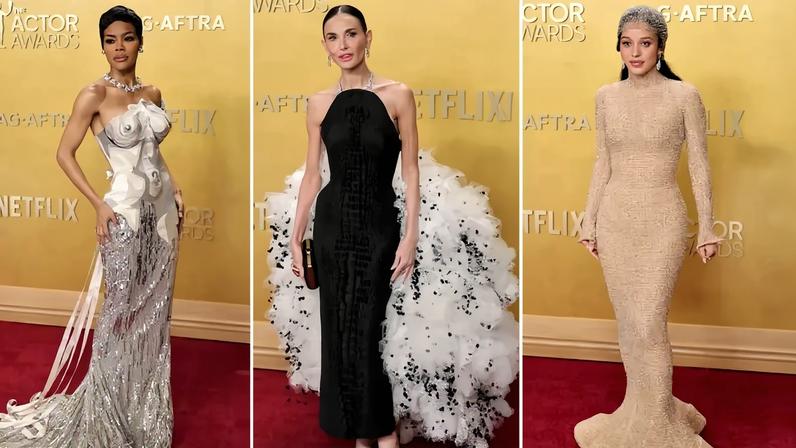 An image collage containing 3 images, Image 1 shows Teyana Taylor on the red carpet at the 32nd Annual Actor Awards, Image 2 shows Demi Moore in a black halter-neck gown with a voluminous white and black ruffled skirt, holding a black clutch, posing on a red carpet, Image 3 shows Chase Infiniti in a sparkling nude gown with a beaded headpiece at the 32nd Annual Actor Awards