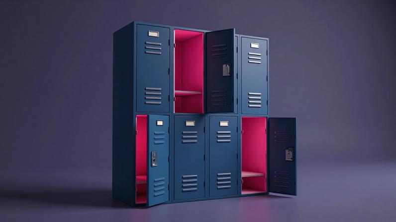 Blue school lockers, some are open to reveal pink interiors.