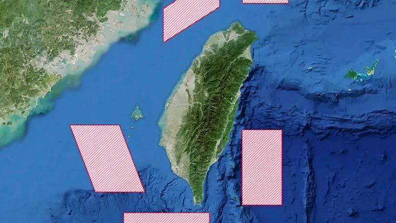 Em dezembro de 2025, um relatório dos EUA disse que a China espera ser capaz de vencer uma guerra em Taiwan até o final de 2027; na imagem, mapa de exercício militar da China no estreito de Taiwan em dezembro do ano passado