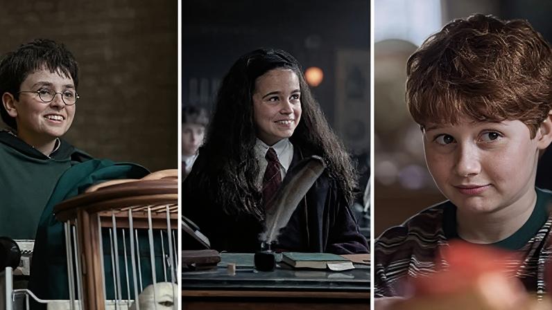 Dominic McLaughlin como Harry Potter, Arabella Stanton como Hermione Granger, e Alastair Stout no papel de Ron Weasley