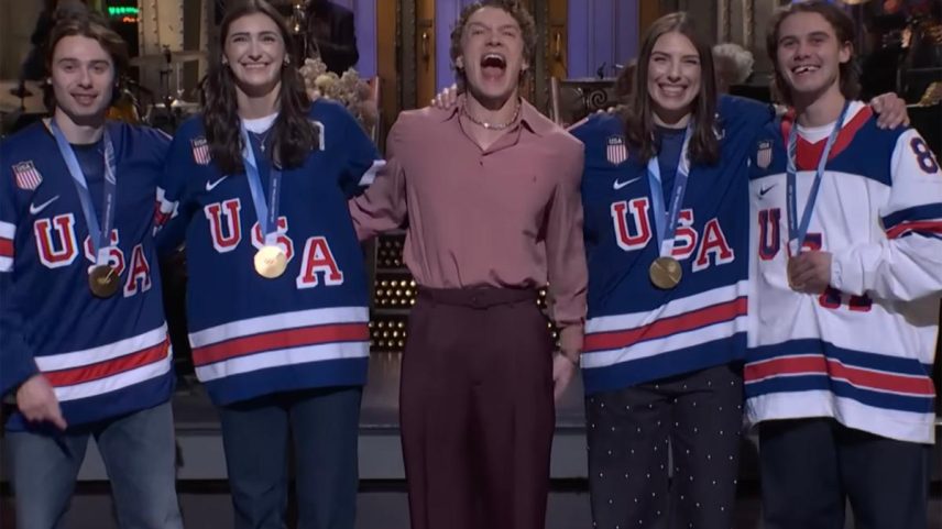 Members of the US women's and men's hockey teams appeared alongside actor Connor Storrie on "Saturday Night Live."