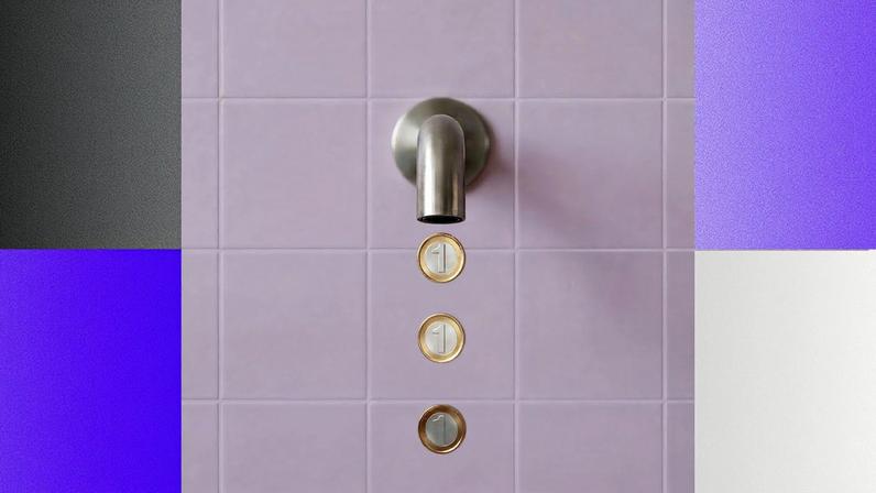 Torneira metálica pingando moedas de 1 euro sobre azulejos — ilustração de renda passiva e geração de dinheiro constante.