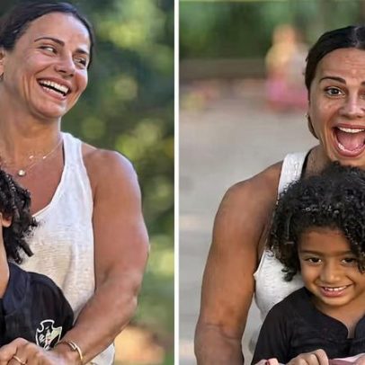 Viviane Araujo brinca de gangorra com o filho